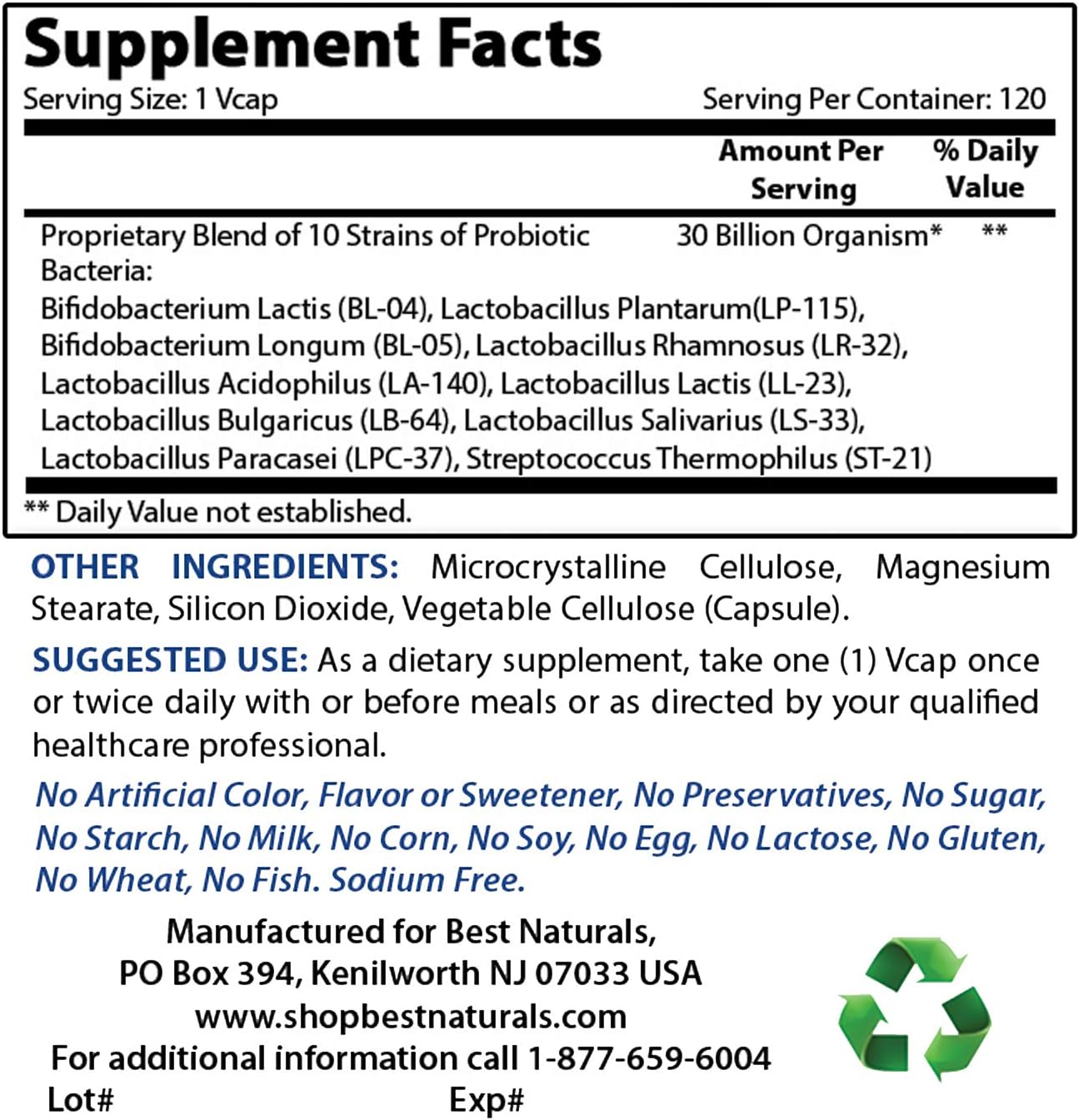 High Potency Probiotic with 10 Strains, 30 Billion CFU, and 500 mg of Magnesium Oxide