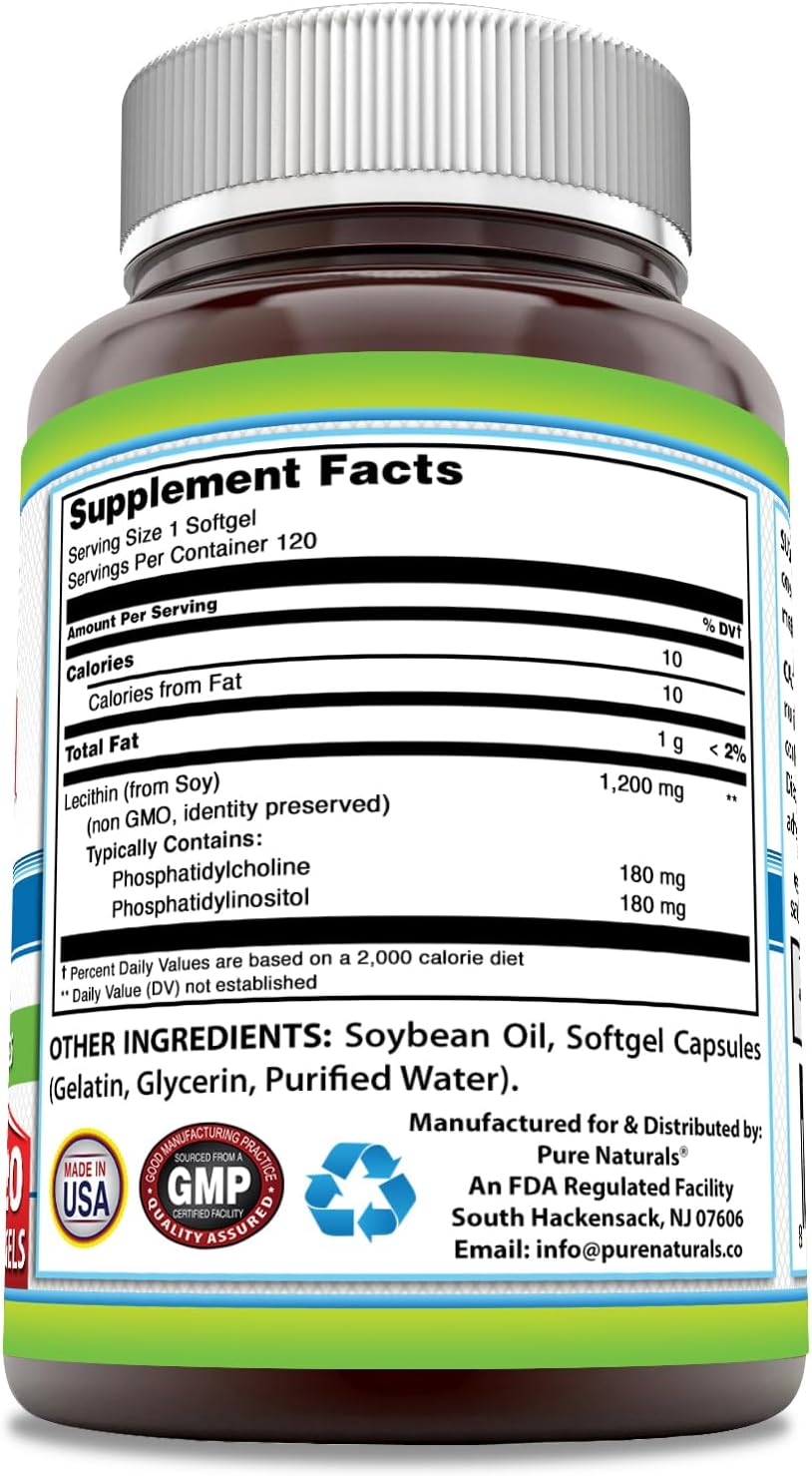 High Potency Pure Naturals Lecithin Softgels - 1200 mg Supplement, Non-GMO, Gluten Free (120 Count)