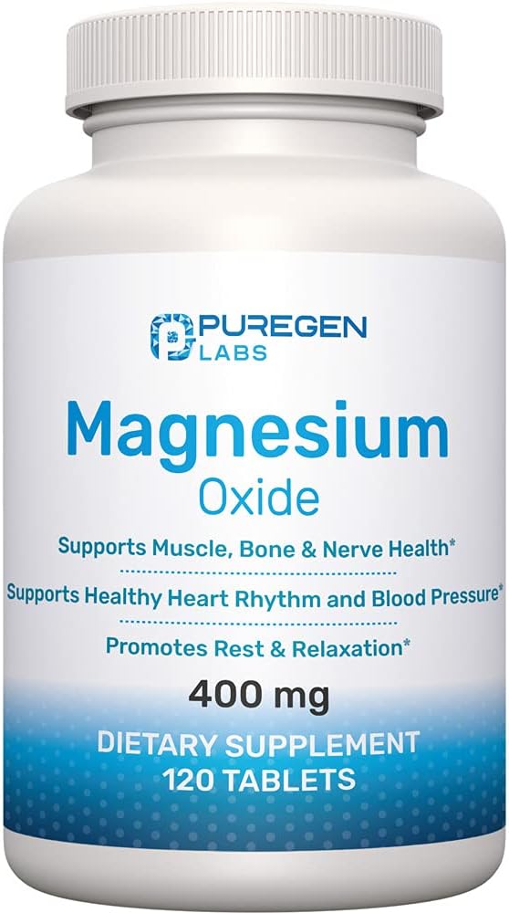 High Potency Puregen Labs Magnesium Oxide Supplement 400mg - Supports Immune System, Muscle Recovery, Leg Cramps, Relaxation - 120 Tablets