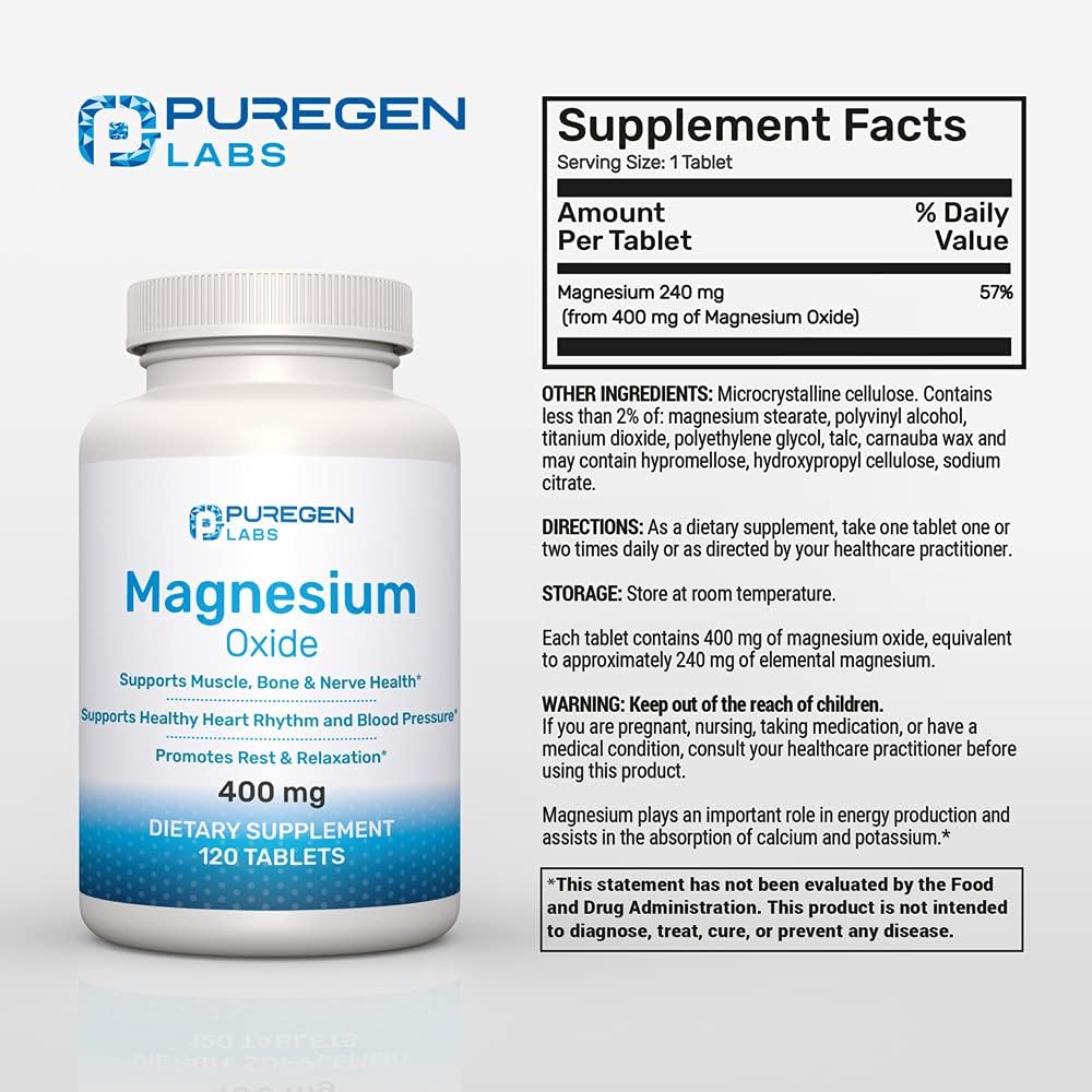 High Potency Puregen Labs Magnesium Oxide Supplement 400mg - Supports Immune System, Muscle Recovery, Leg Cramps, Relaxation - 120 Tablets