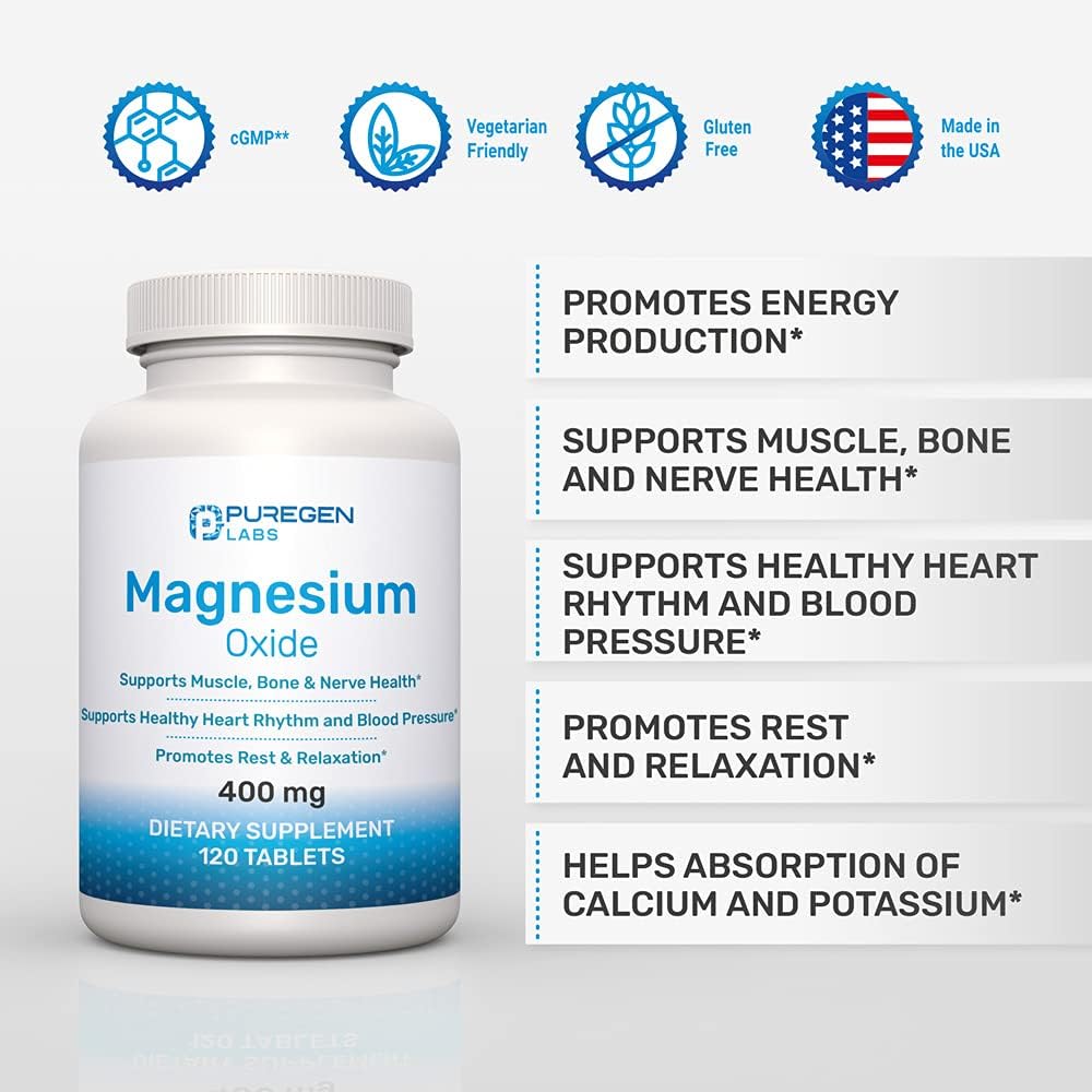 High Potency Puregen Labs Magnesium Oxide Supplement 400mg - Supports Immune System, Muscle Recovery, Leg Cramps, Relaxation - 120 Tablets