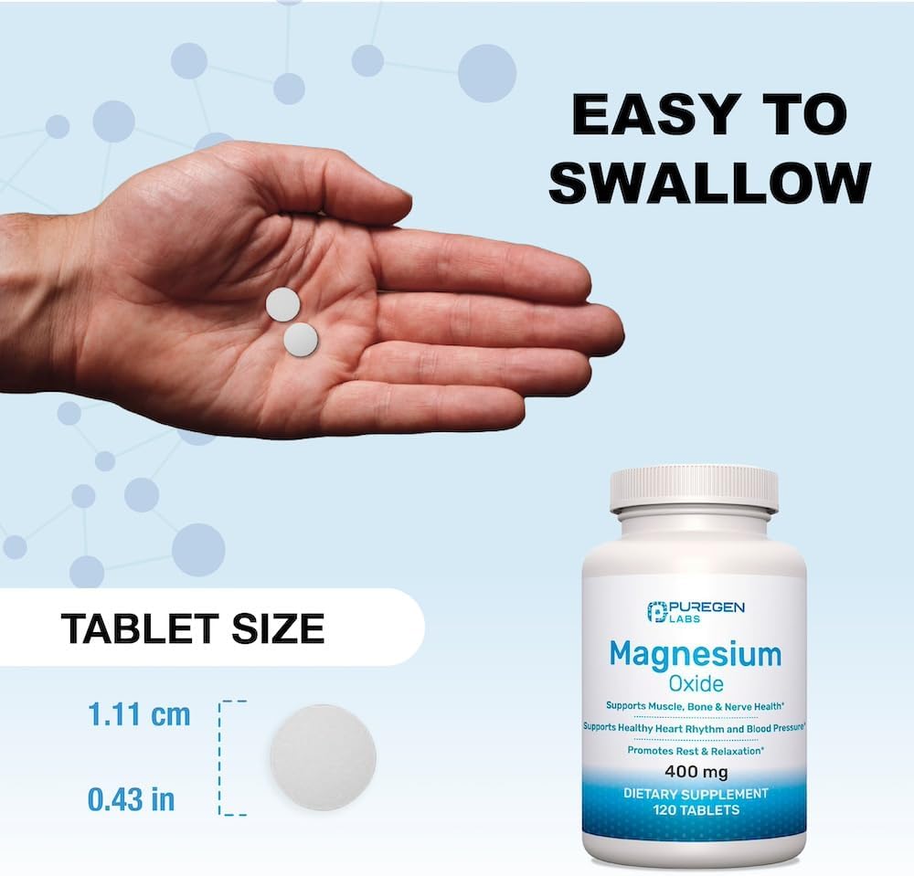 High Potency Puregen Labs Magnesium Oxide Supplement 400mg - Supports Immune System, Muscle Recovery, Leg Cramps, Relaxation - 120 Tablets