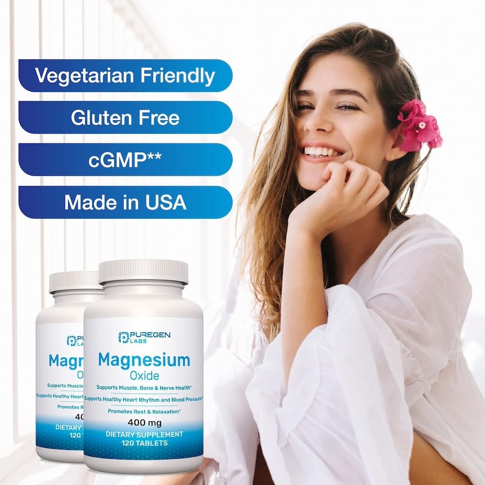 High Potency Puregen Labs Magnesium Oxide Supplement 400mg - Supports Immune System, Muscle Recovery, Leg Cramps, Relaxation - 120 Tablets