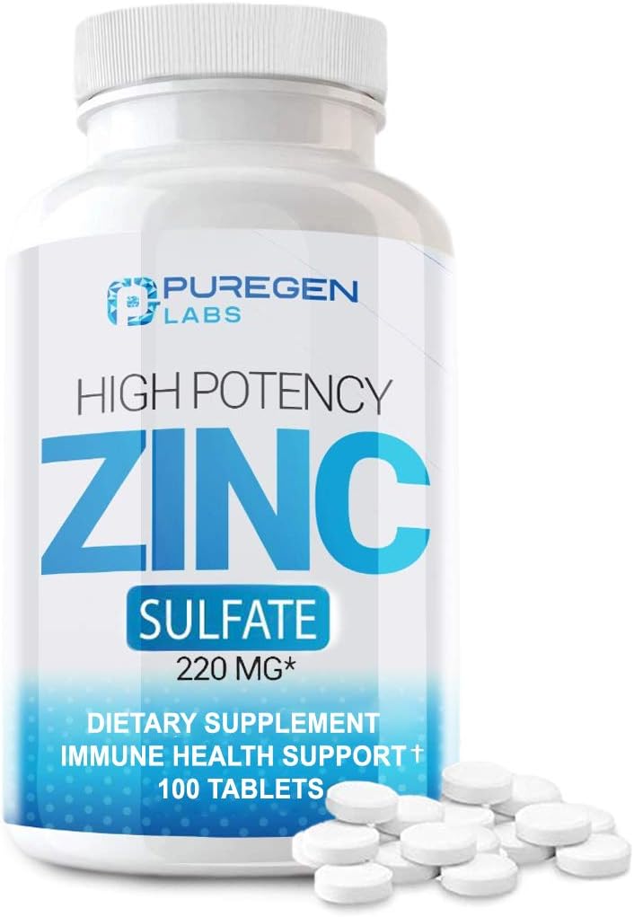High Potency Puregen Labs Zinc Sulfate Supplement 220mg - 100 Tablets for Immune Support