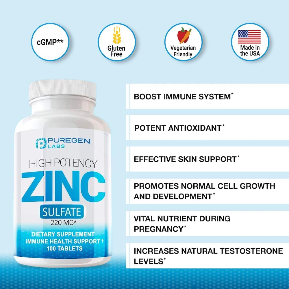 High Potency Puregen Labs Zinc Sulfate Supplement 220mg - 100 Tablets for Immune Support