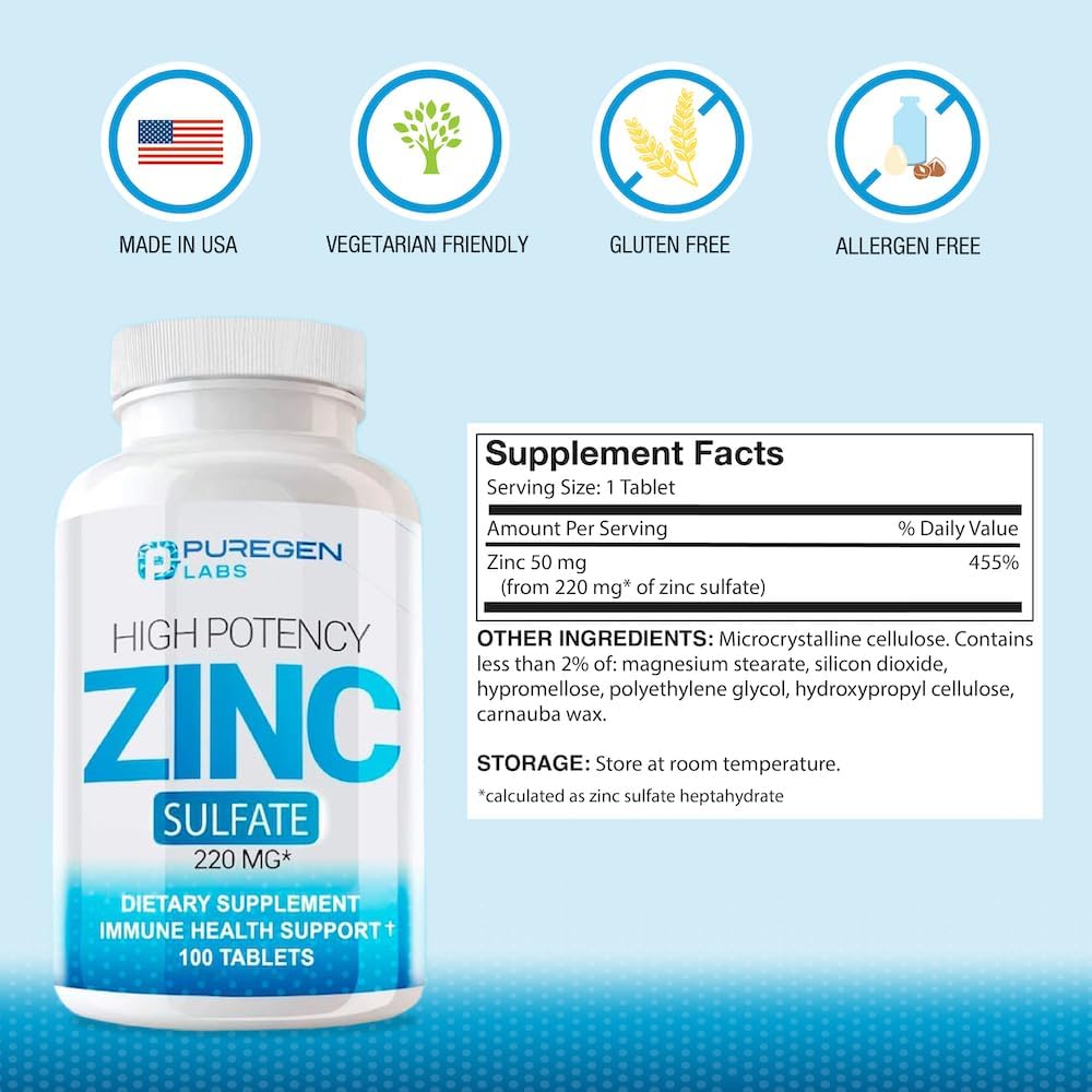 High Potency Puregen Labs Zinc Sulfate Supplement 220mg - 100 Tablets for Immune Support