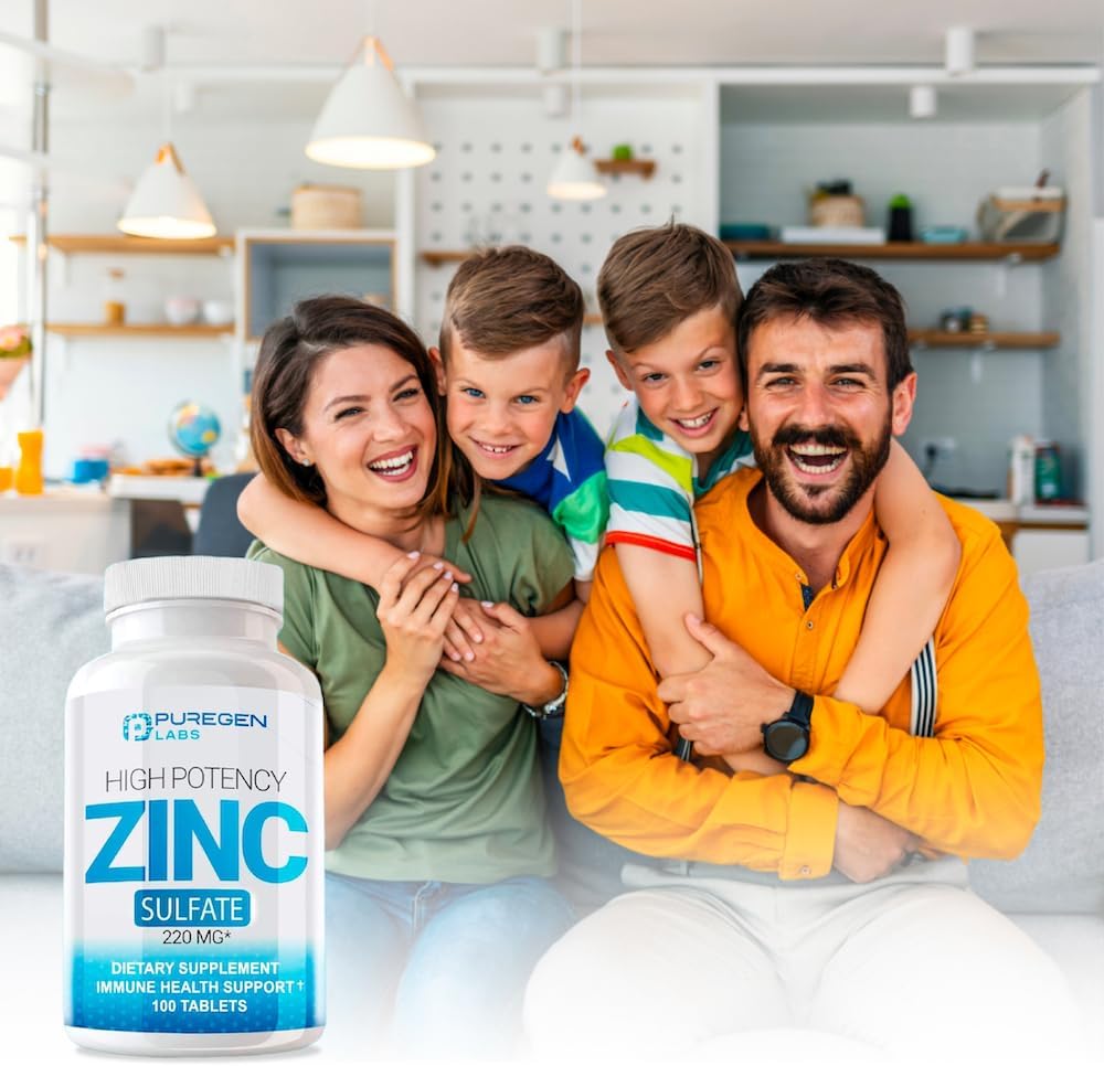 High Potency Puregen Labs Zinc Sulfate Supplement 220mg - 100 Tablets for Immune Support