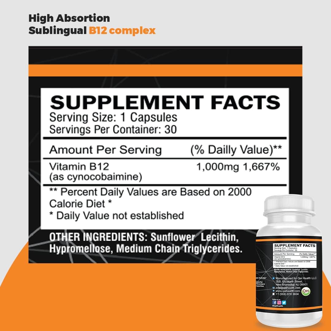High Potency QEI Vitamin B12 1000mg Capsules for Energy and Nervous System Support - 30 Count