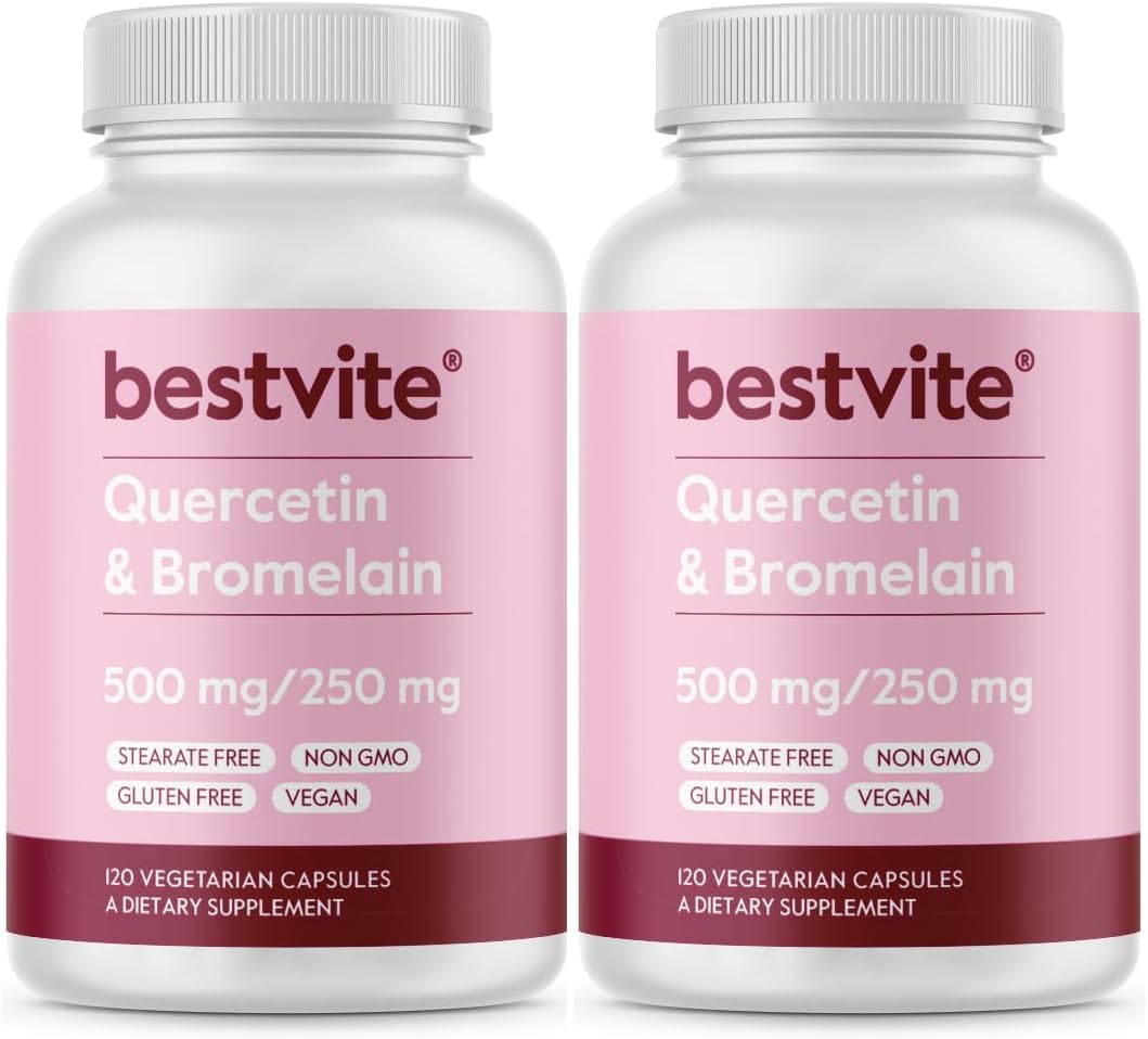High Potency Quercetin and Bromelain Supplement (2 Bottles of 120 Capsules Each) - Vegan, Non-GMO, Gluten-Free, No Stearates or Silicon Dioxide - 500mg/250mg