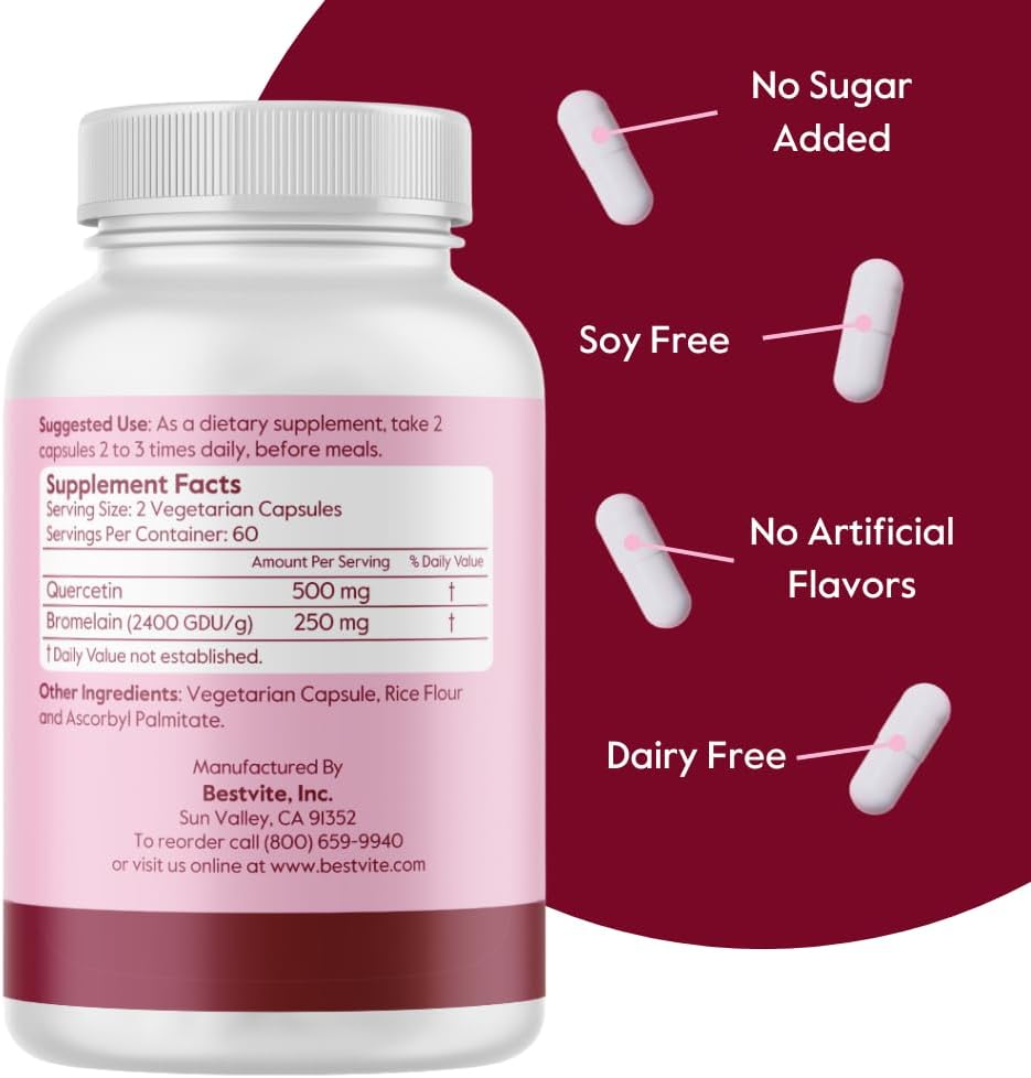 High Potency Quercetin and Bromelain Supplement (2 Bottles of 120 Capsules Each) - Vegan, Non-GMO, Gluten-Free, No Stearates or Silicon Dioxide - 500mg/250mg
