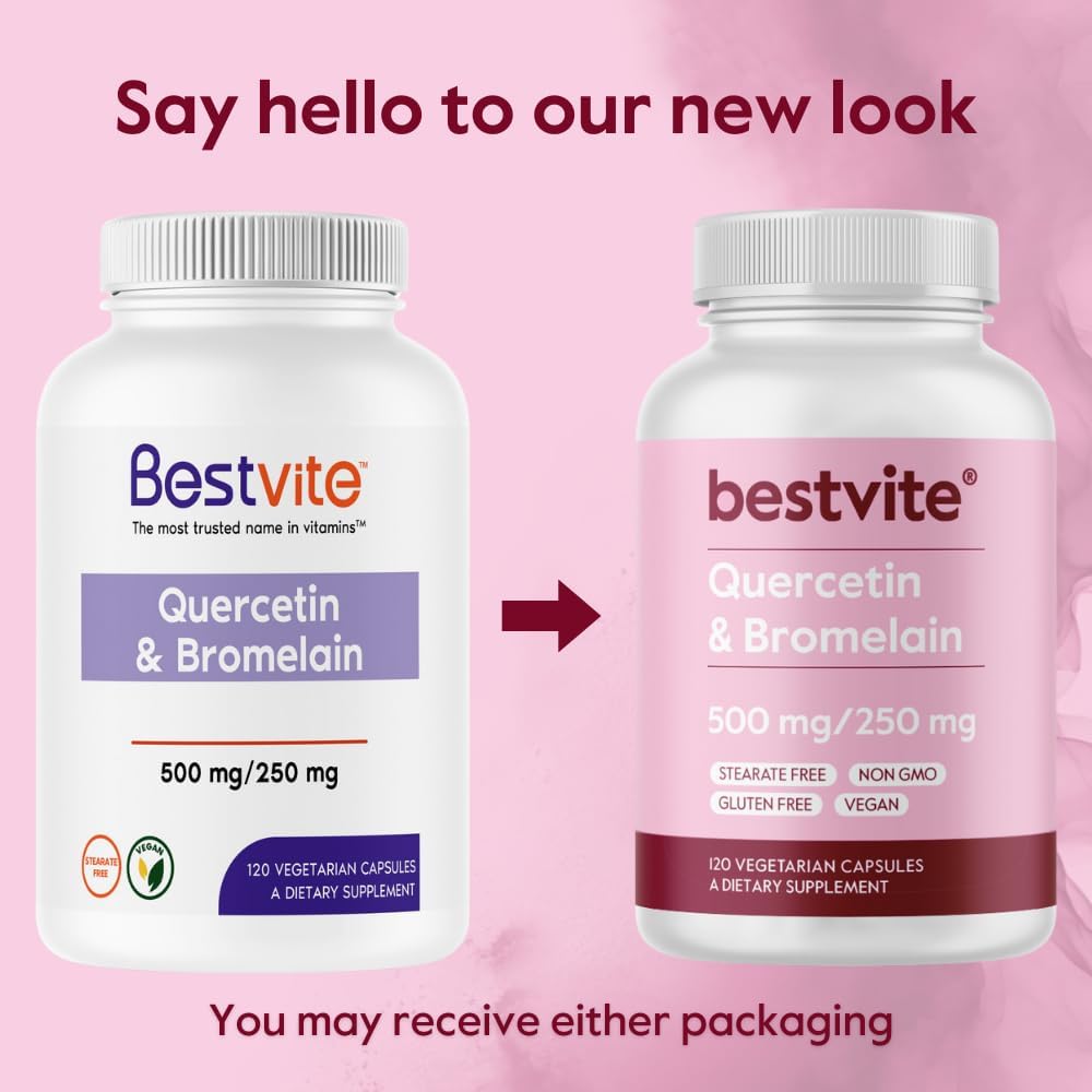 High Potency Quercetin and Bromelain Supplement (2 Bottles of 120 Capsules Each) - Vegan, Non-GMO, Gluten-Free, No Stearates or Silicon Dioxide - 500mg/250mg