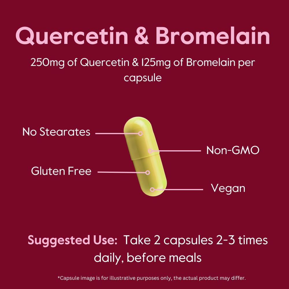 High Potency Quercetin and Bromelain Supplement (2 Bottles of 120 Capsules Each) - Vegan, Non-GMO, Gluten-Free, No Stearates or Silicon Dioxide - 500mg/250mg