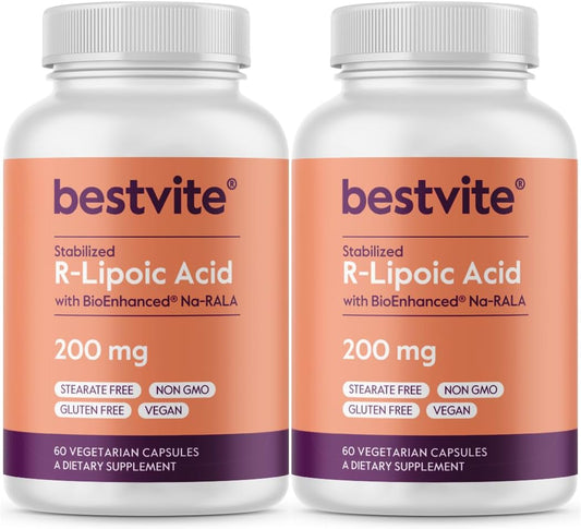 High Potency R-Lipoic Acid 200mg Capsules - 120 Vegetarian Capsules - Bio-Enhanced Na-RLA - Vegan, Gluten Free, Non GMO - No Stearates or Fillers