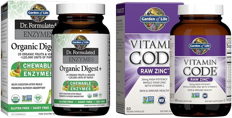 High Potency Raw Zinc and Vitamin C Multimineral Supplement with Garden of Life Dr Formulated Digestive Enzymes including Papain and Bromelain