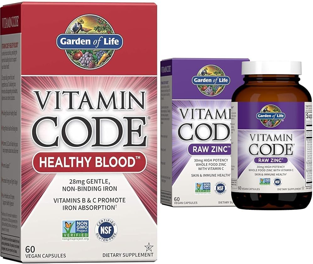 High Potency Raw Zinc & Vitamin C Multimineral Supplement - Garden of Life Vitamin Code Healthy Blood Capsules, 60ct & Zinc Supplements, 30mg