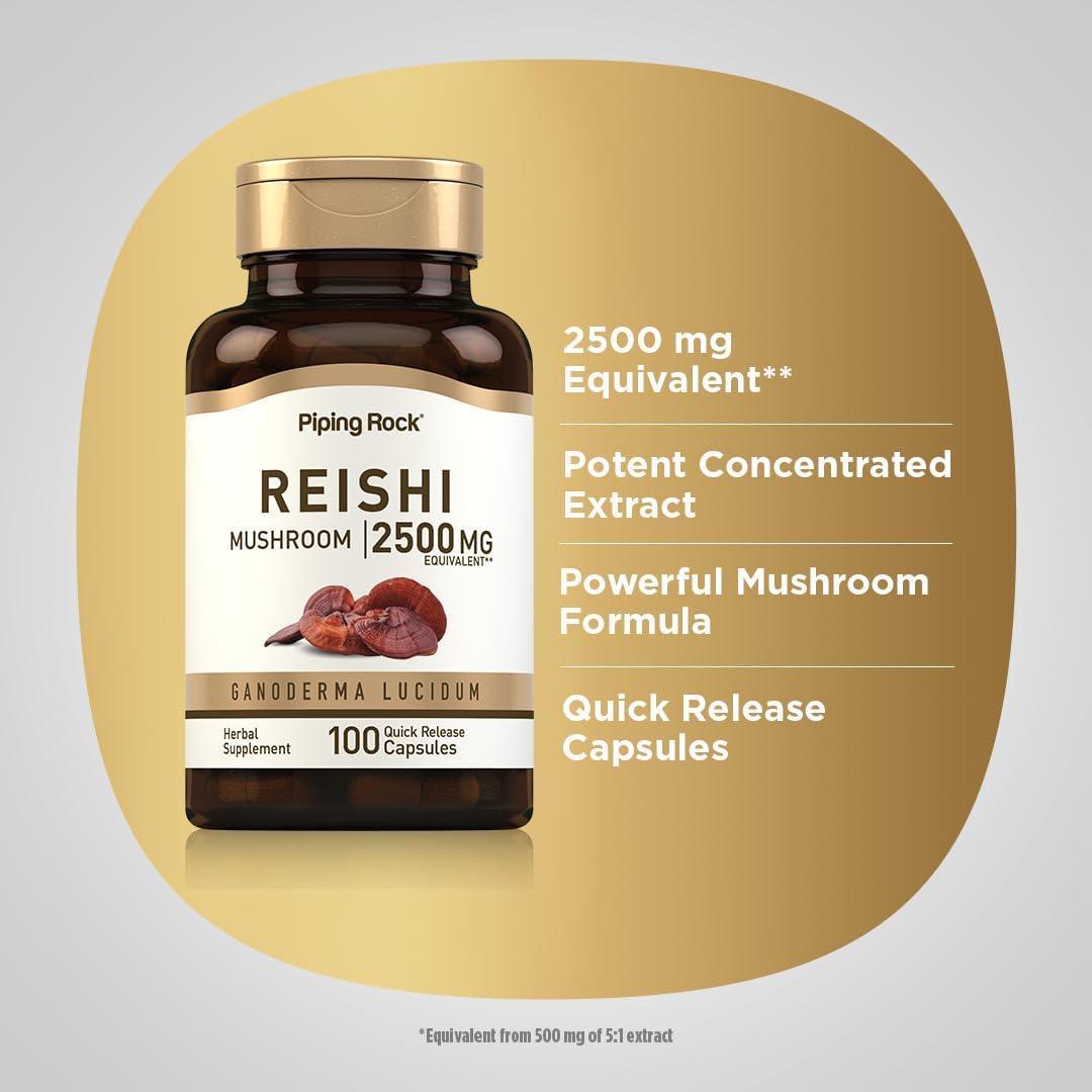 High Potency Reishi Mushroom Supplement | 2500mg | 100 Capsules | Herbal Extract with Ganoderma Lucidum | Non GMO, Gluten Free