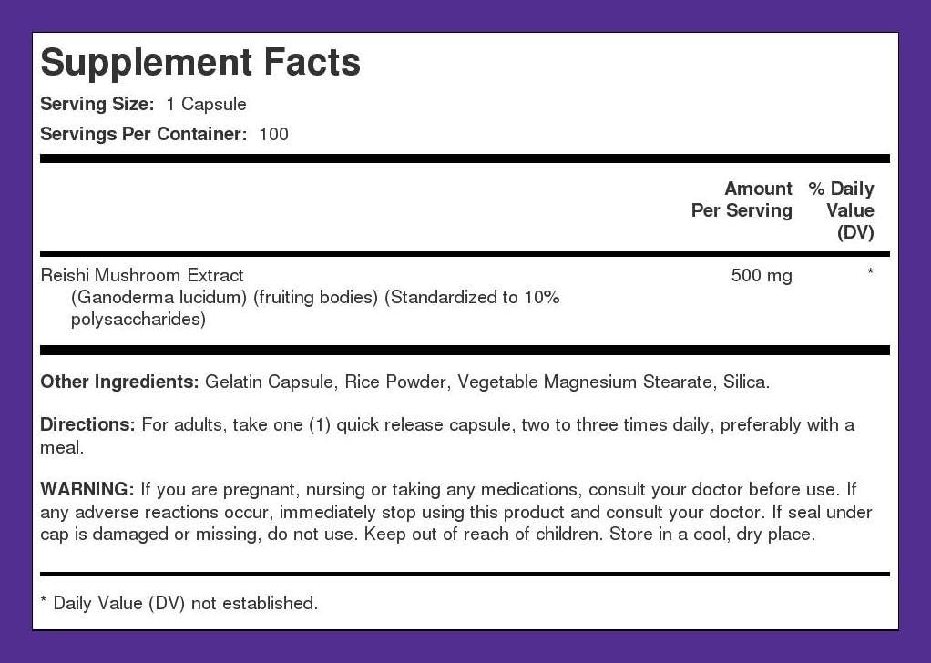 High Potency Reishi Mushroom Supplement | 2500mg | 100 Capsules | Herbal Extract with Ganoderma Lucidum | Non GMO, Gluten Free
