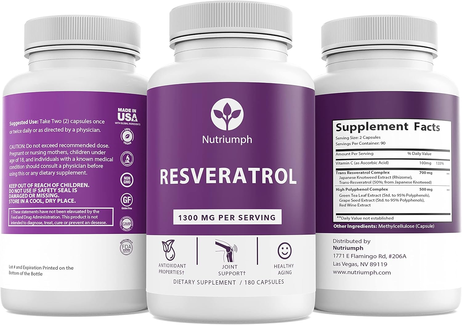 High Potency Resveratrol 1300mg Capsules | Antioxidant & Anti-Aging Supplement | Supports Heart Health | 180 Capsules