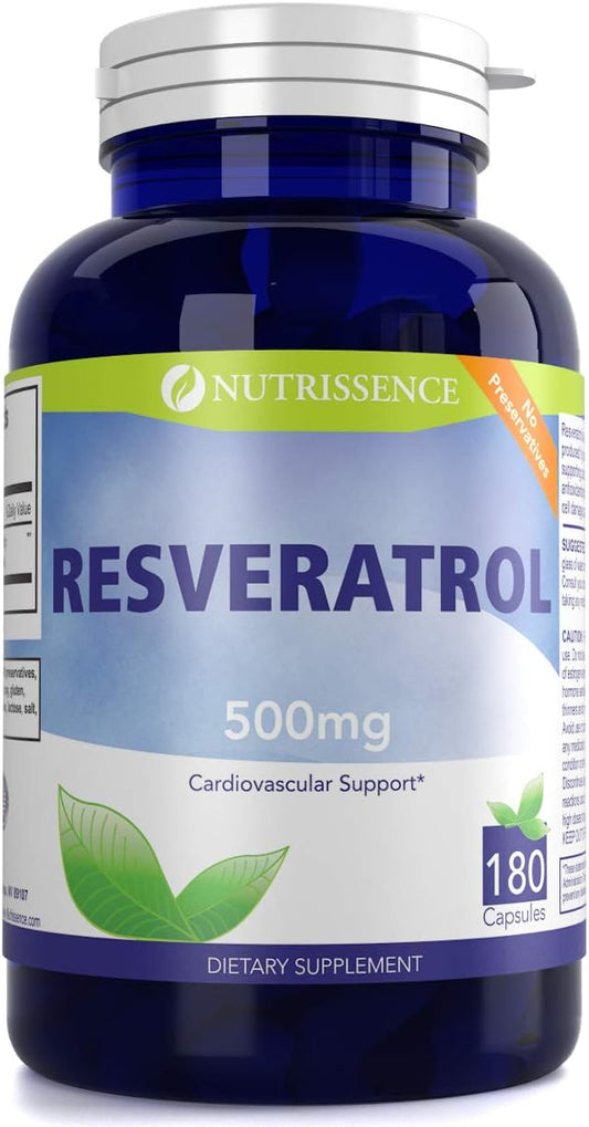 High Potency Resveratrol 500mg Capsules - 180 Count - 90 Servings of 1000mg or 60 Servings of 1500mg - Nutrissence