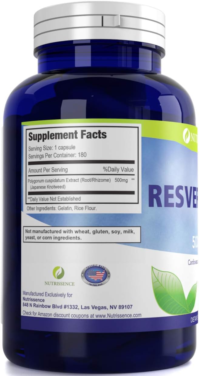 High Potency Resveratrol 500mg Capsules - 180 Count - 90 Servings of 1000mg or 60 Servings of 1500mg - Nutrissence
