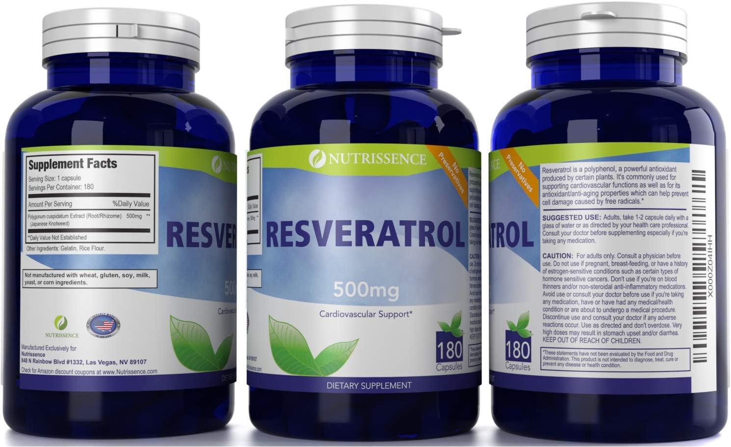 High Potency Resveratrol 500mg Capsules - 180 Count - 90 Servings of 1000mg or 60 Servings of 1500mg - Nutrissence