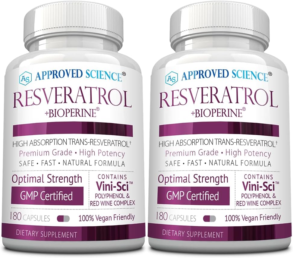 High Potency Resveratrol Supplement with Bioperine - 1000mg Trans Resveratrol, 250mg Polyphenol, 98% Purity - 380 Vegan Capsules - 2 Bottles by Approved Science