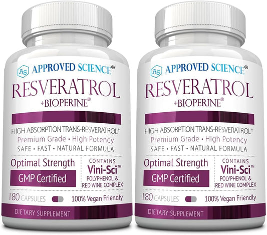 High Potency Resveratrol Supplement with Bioperine - 1000mg Trans Resveratrol, 250mg Polyphenol, 98% Purity - 380 Vegan Capsules - 2 Bottles by Approved Science