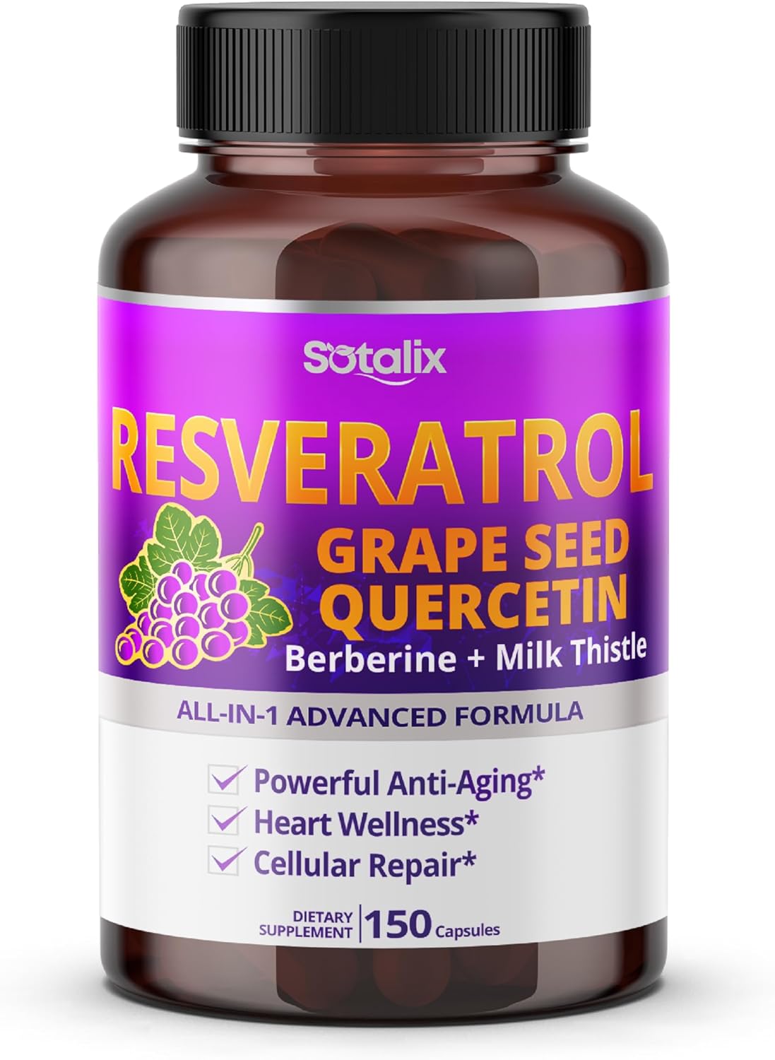 High Potency Resveratrol Supplement with Grape Seed, Quercetin, Berberine, Milk Thistle - USA Made & Tested - Powerful Anti-Aging Formula (150-day Supply)
