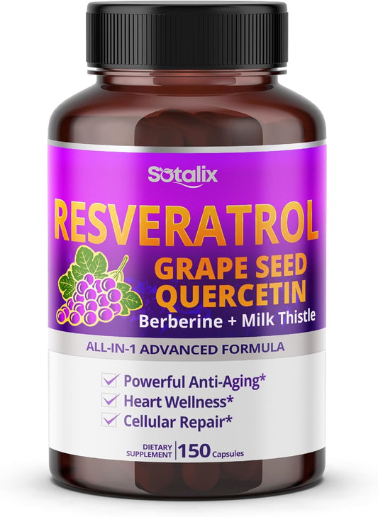 High Potency Resveratrol Supplement with Grape Seed, Quercetin, Berberine, Milk Thistle - USA Made & Tested - Powerful Anti-Aging Formula (150-day Supply)