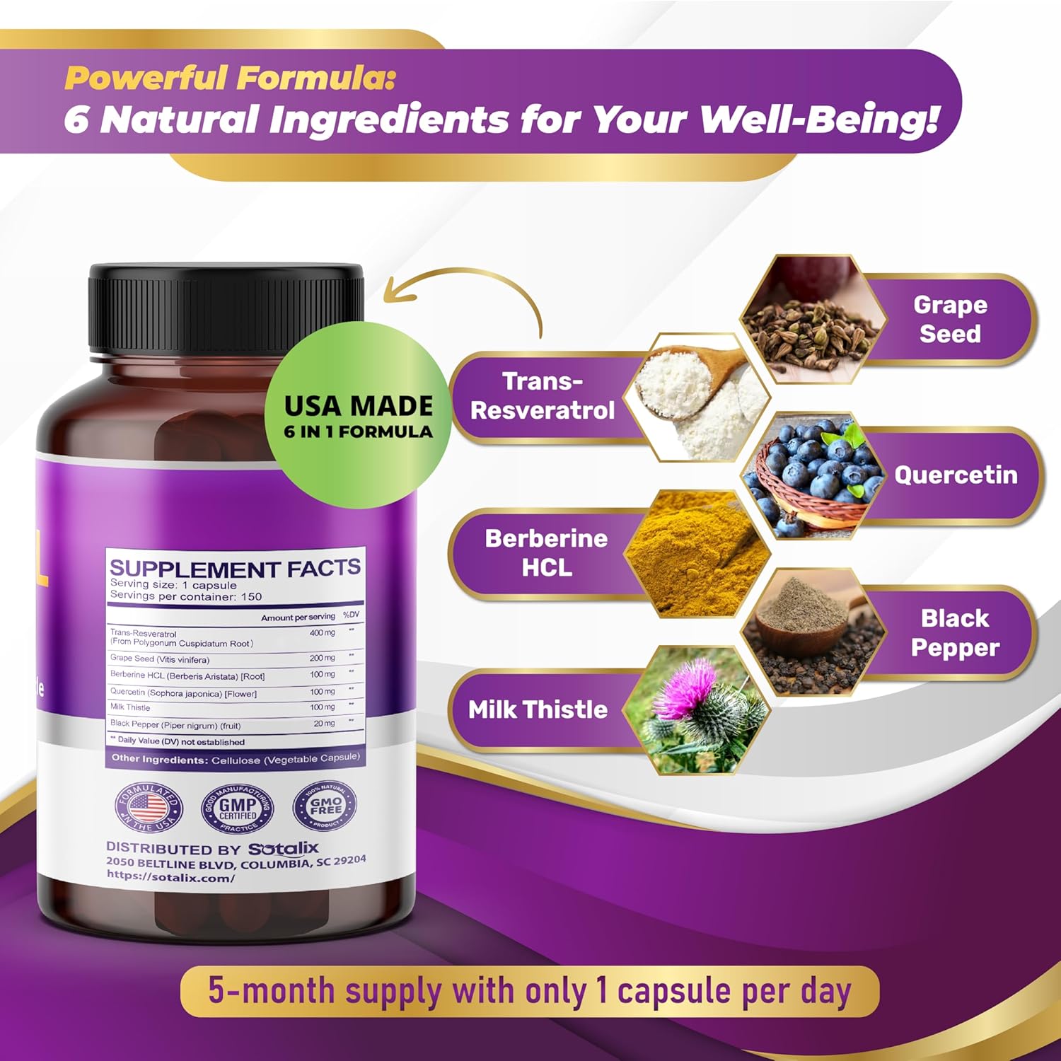 High Potency Resveratrol Supplement with Grape Seed, Quercetin, Berberine, Milk Thistle - USA Made & Tested - Powerful Anti-Aging Formula (150-day Supply)