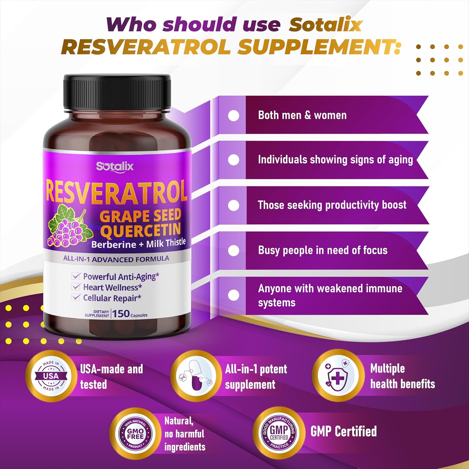 High Potency Resveratrol Supplement with Grape Seed, Quercetin, Berberine, Milk Thistle - USA Made & Tested - Powerful Anti-Aging Formula (150-day Supply)