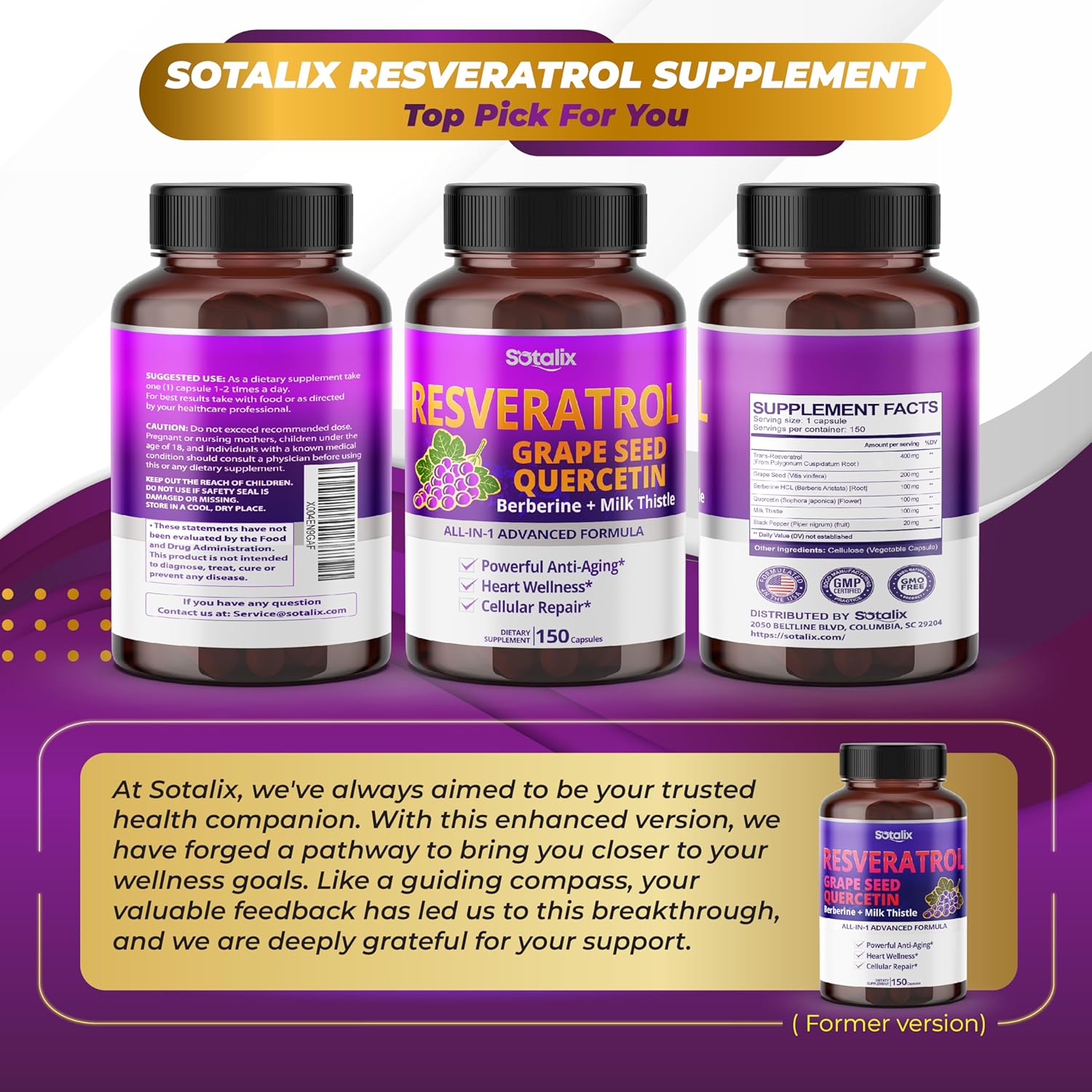 High Potency Resveratrol Supplement with Grape Seed, Quercetin, Berberine, Milk Thistle - USA Made & Tested - Powerful Anti-Aging Formula (150-day Supply)