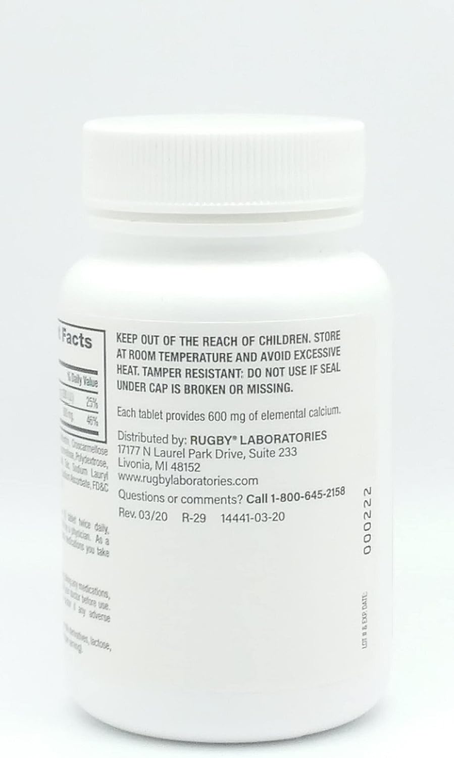 High Potency Rugby Laboratories Calcium 600mg Supplement with Vitamin D3 - 60 Tablets