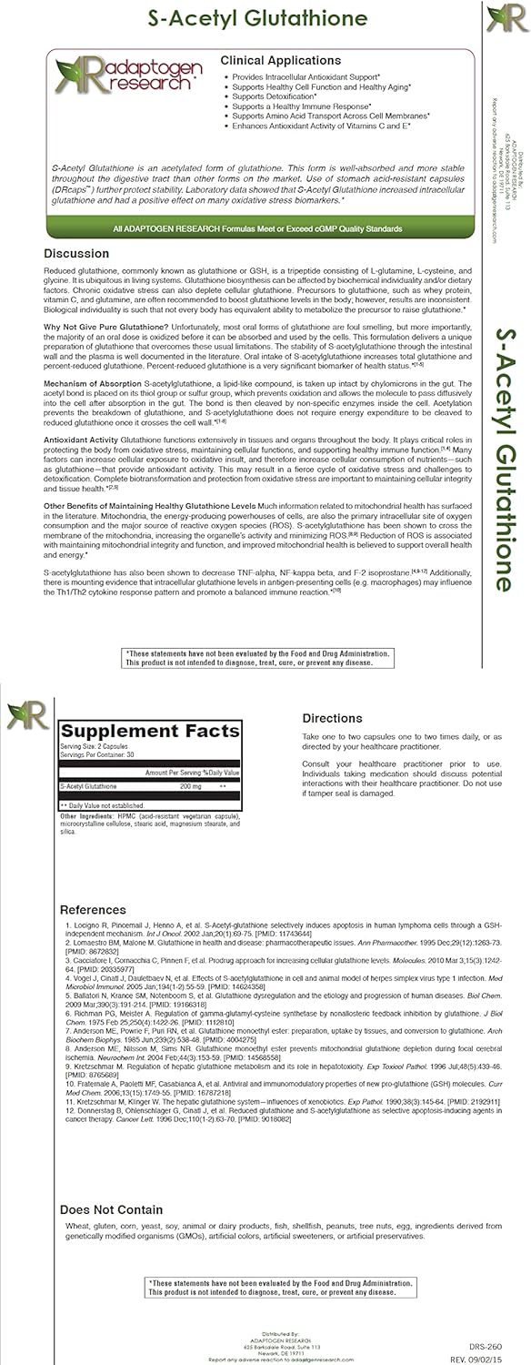 High Potency S-Acetyl Glutathione Capsules - 200mg | 60 Vegetarian Capsules with Acid Resistant Formula