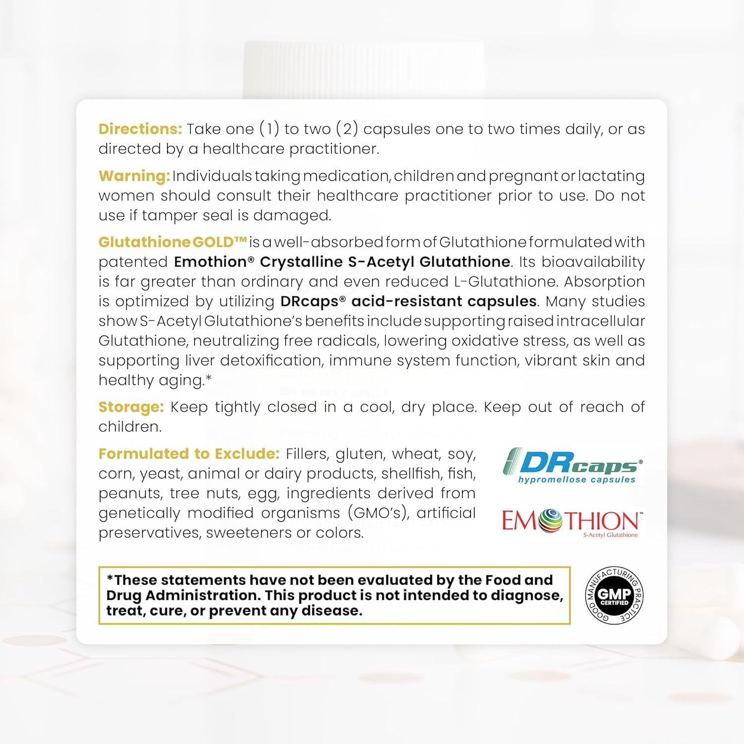 High Potency S-Acetyl Glutathione GOLD 300mg - 60 DRcaps | Acid-Resistant | Extra-Strength Emothion® | Pharmaceutical Grade