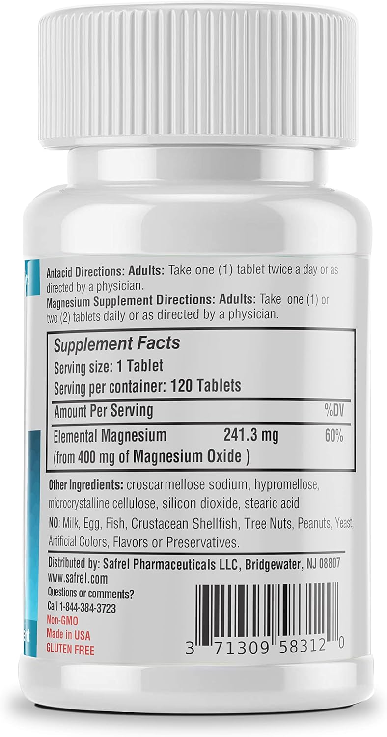 High Potency Safrel Magnesium Oxide Supplement for Immune Support, Muscle Recovery, Leg Cramps, Relaxation - 120 Tablets