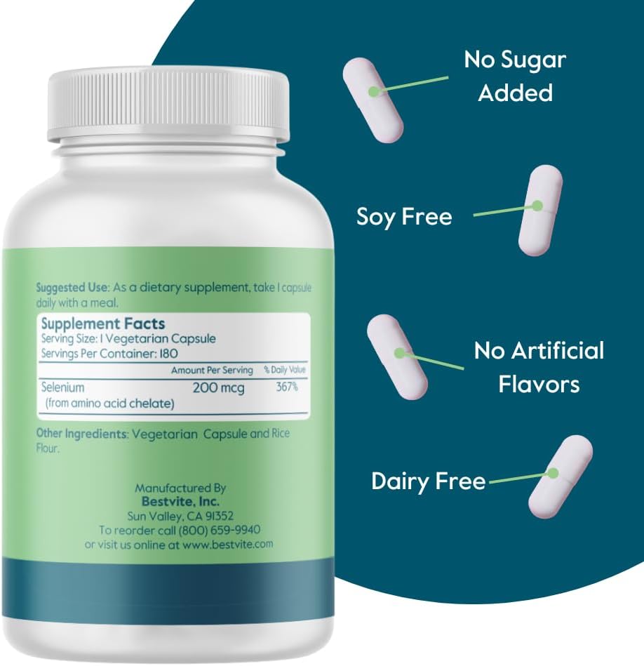 High Potency Selenium Supplement 200mcg - 180 Vegan Capsules - Non-GMO & Gluten Free - No Additives