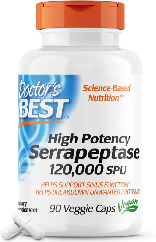 High Potency Serrapeptase Supplement for Sinus Health - 120,000 SPU, Non-GMO, Vegan - 90 Capsules by Doctor's Best