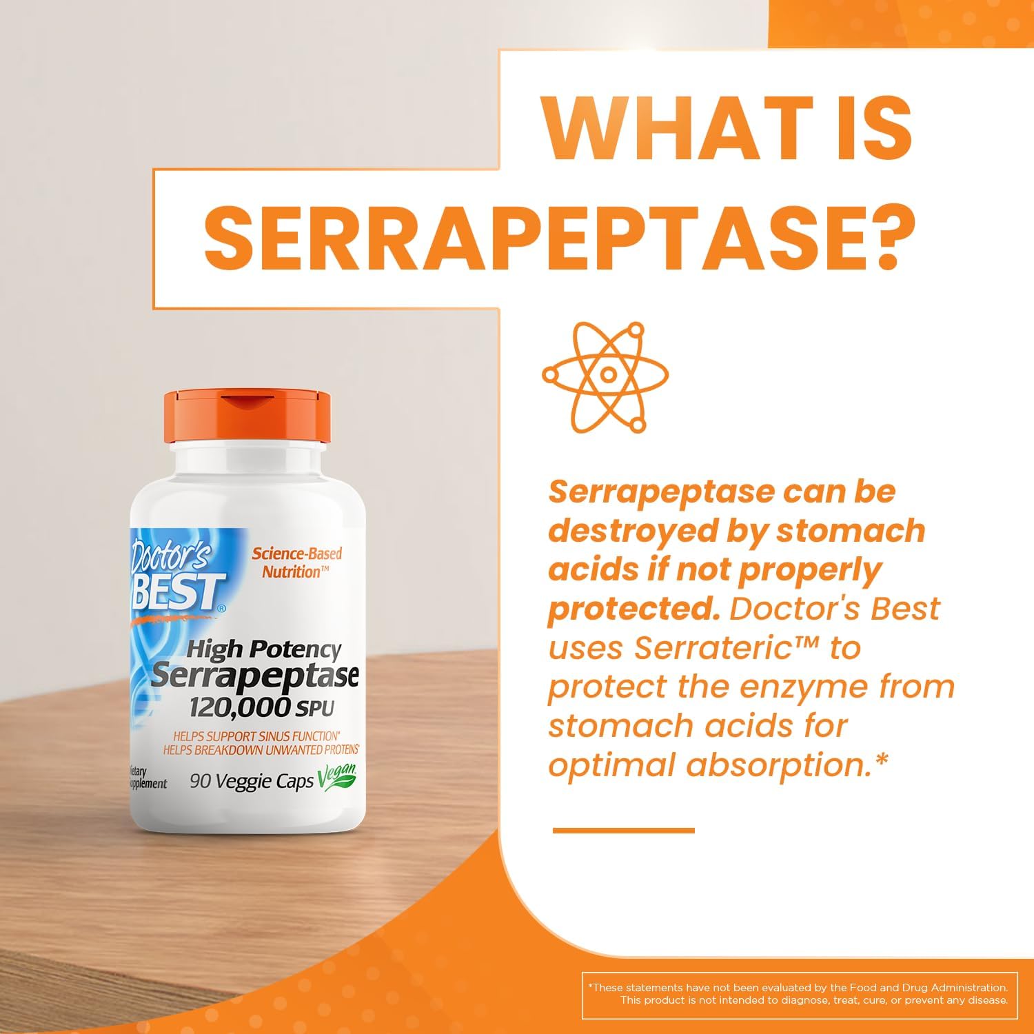 High Potency Serrapeptase Supplement for Sinus Health - 120,000 SPU, Non-GMO, Vegan - 90 Capsules by Doctor's Best