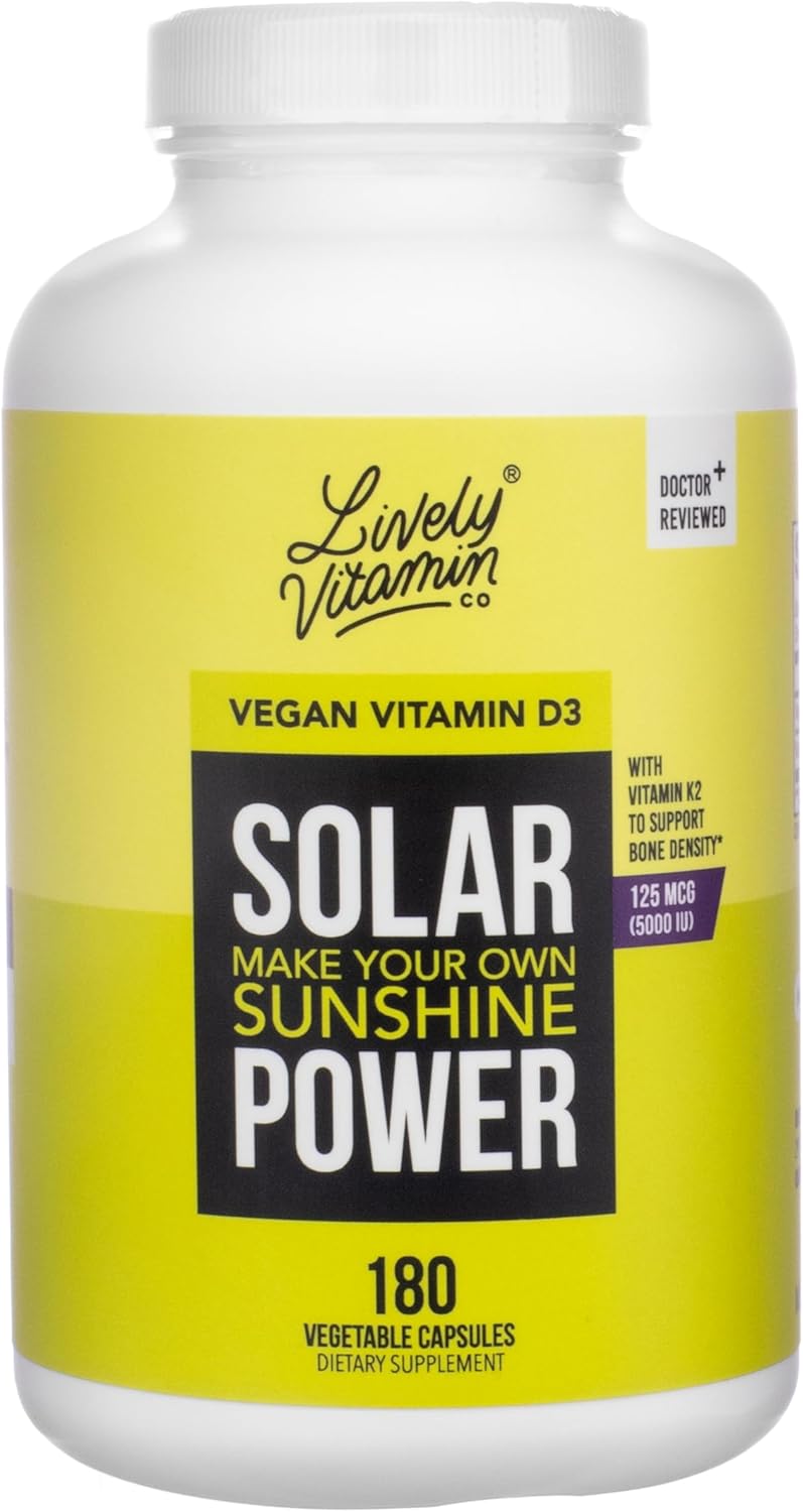 High-Potency Solar Power Vitamin D3 with Patented Vitamin K - MK7 for Immune Balance, Brain Function, and Heart Health - 180 Count