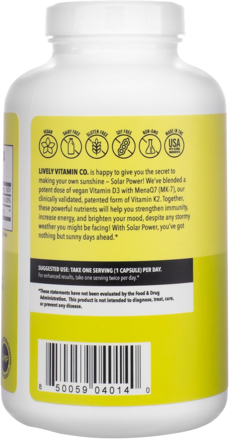 High-Potency Solar Power Vitamin D3 with Patented Vitamin K - MK7 for Immune Balance, Brain Function, and Heart Health - 180 Count