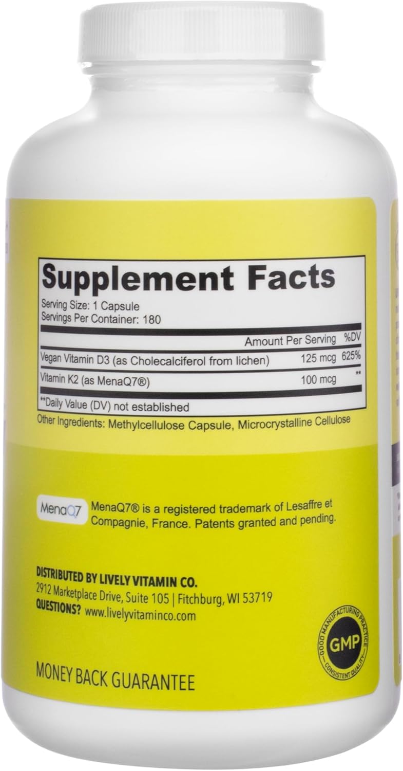 High-Potency Solar Power Vitamin D3 with Patented Vitamin K - MK7 for Immune Balance, Brain Function, and Heart Health - 180 Count