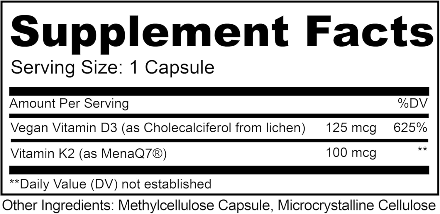 High-Potency Solar Power Vitamin D3 with Patented Vitamin K - MK7 for Immune Balance, Brain Function, and Heart Health - 180 Count
