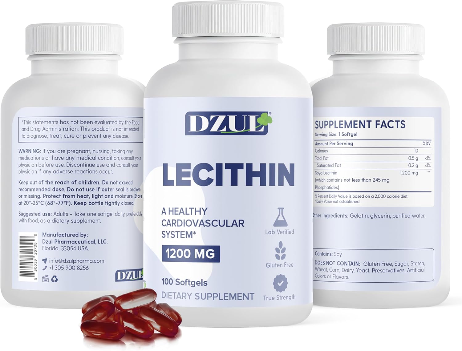 High Potency Soy Lecithin Softgels - 1200mg, 100 Count - Gluten Free & Lab-Verified by DZUL Pharma