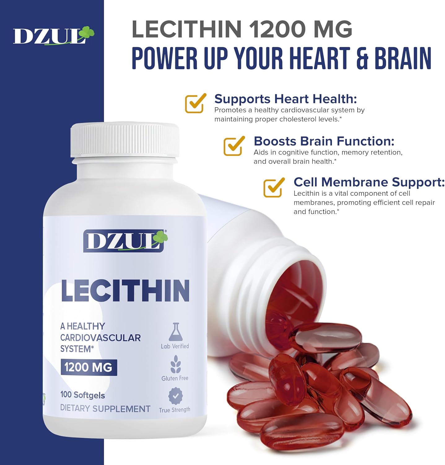 High Potency Soy Lecithin Softgels - 1200mg, 100 Count - Gluten Free & Lab-Verified by DZUL Pharma