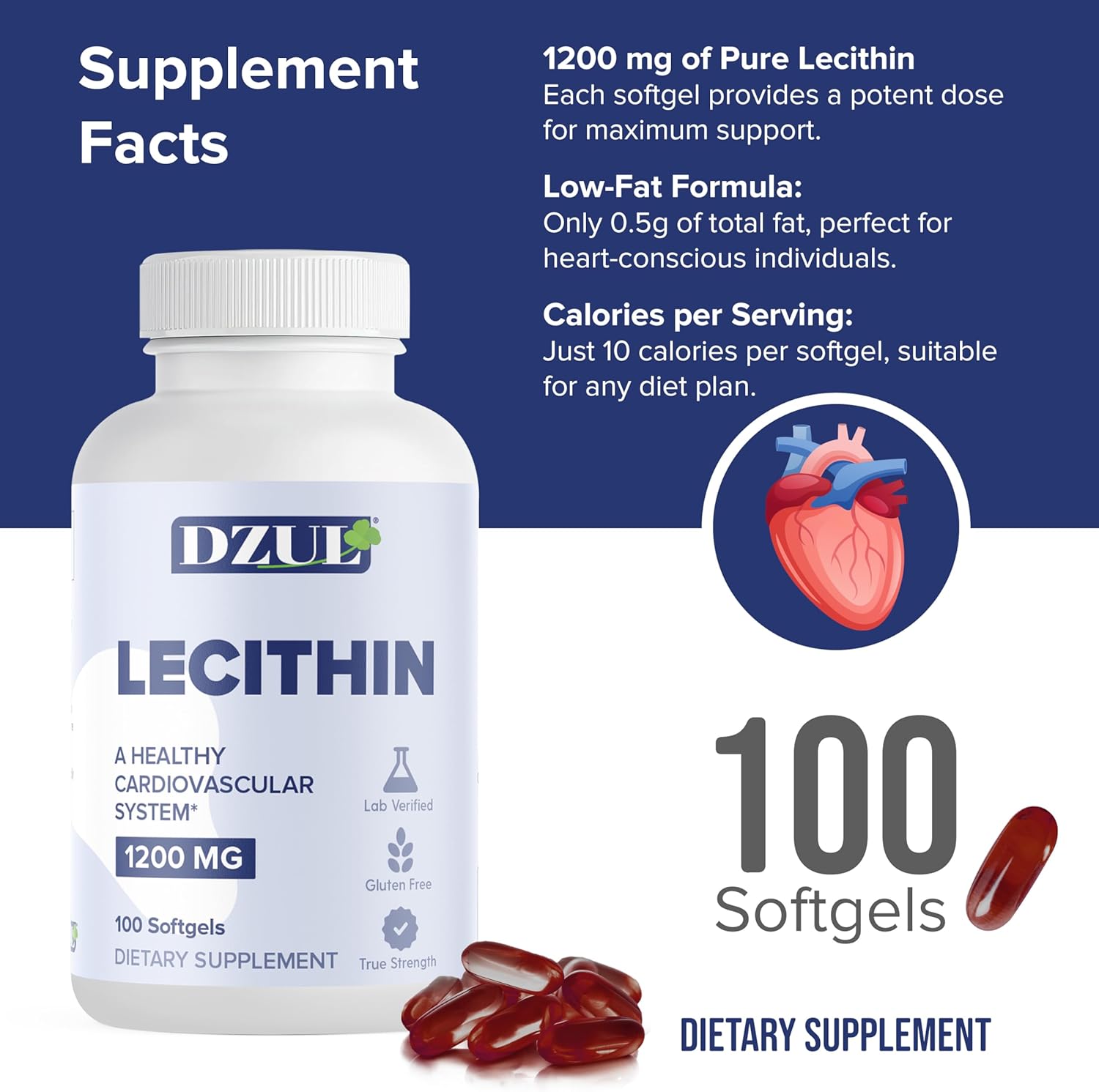 High Potency Soy Lecithin Softgels - 1200mg, 100 Count - Gluten Free & Lab-Verified by DZUL Pharma