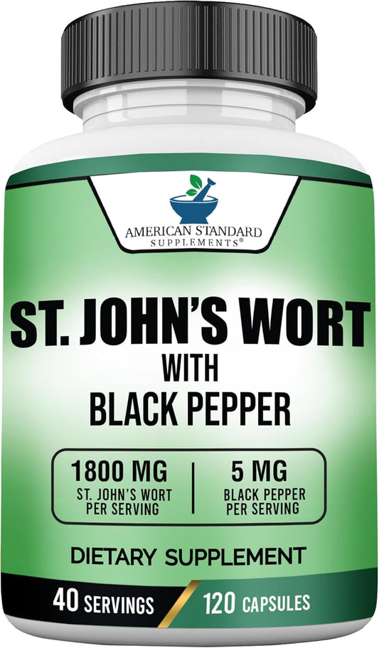 High-Potency St. John’s Wort Supplement with Black Pepper - Vegan, Gluten-Free, Non-GMO - 120 Capsules