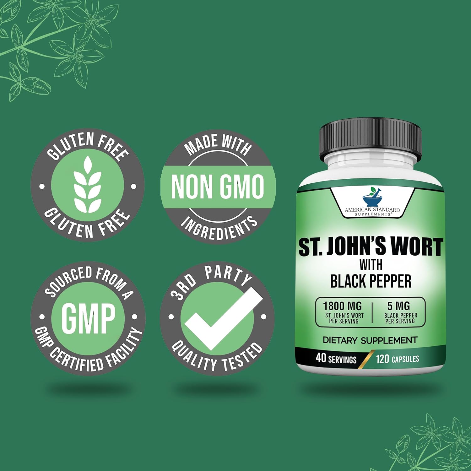 High-Potency St. John’s Wort Supplement with Black Pepper - Vegan, Gluten-Free, Non-GMO - 120 Capsules