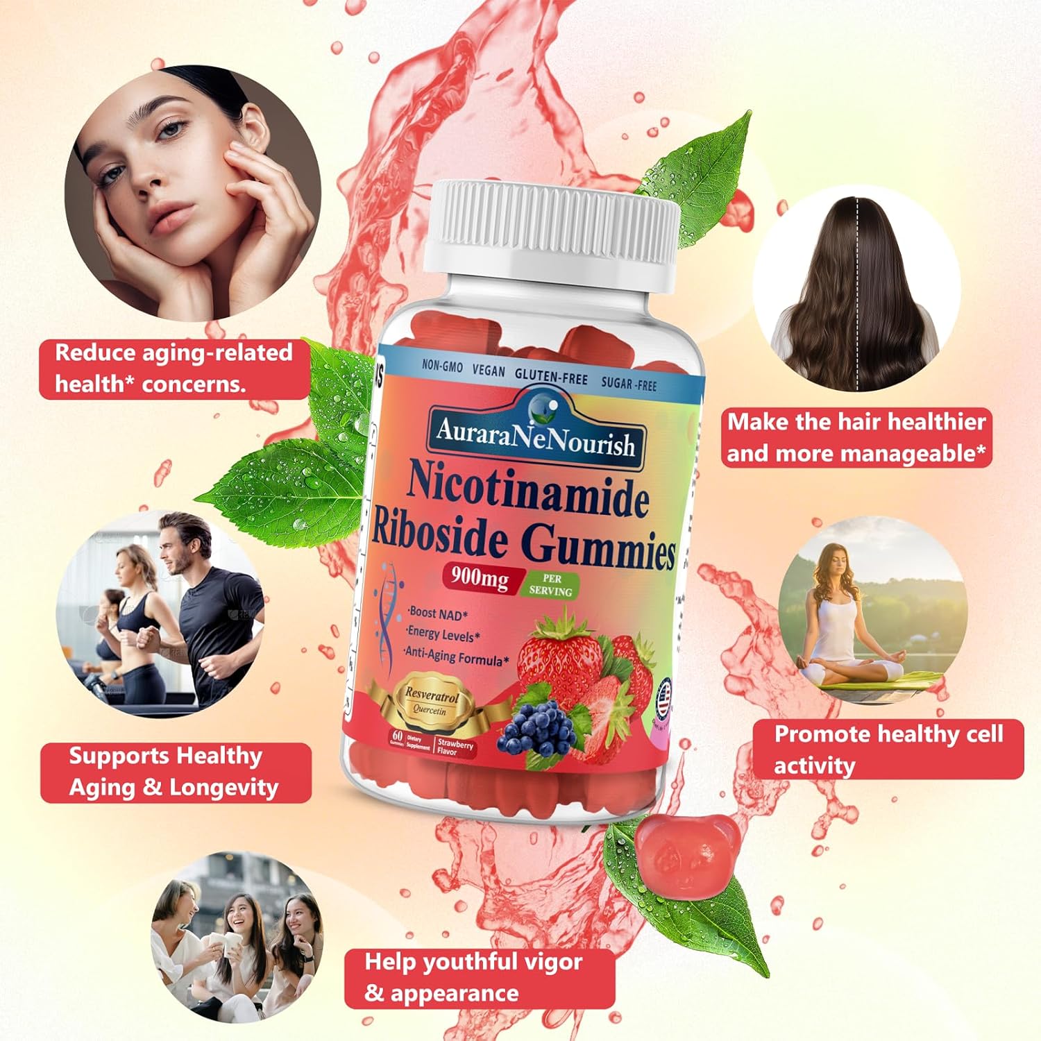High Potency Sugar-Free NAD Supplement Gummies with Resveratrol and Collagen for Anti Aging and Energy Boost