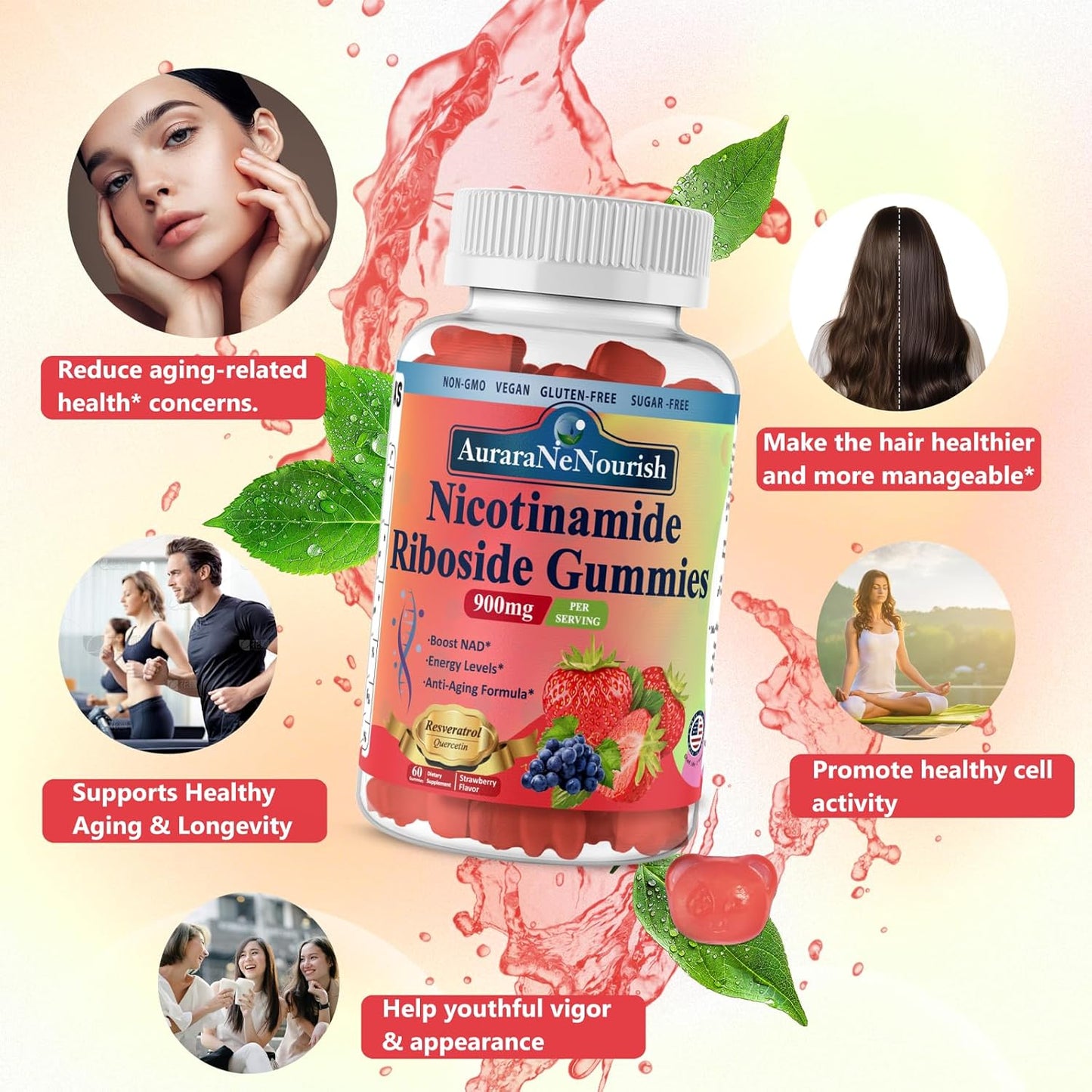 High Potency Sugar-Free NAD Supplement Gummies with Resveratrol and Collagen for Anti Aging and Energy Boost